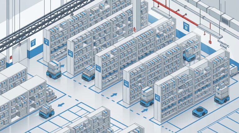 Illustration entrepot automatise avec robots mobiles autonomes sans humains