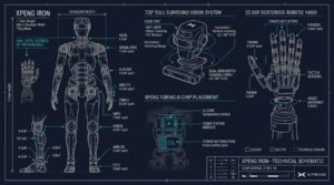 Illustration schema technique du robot Xpeng Iron avec 200 degres de liberte