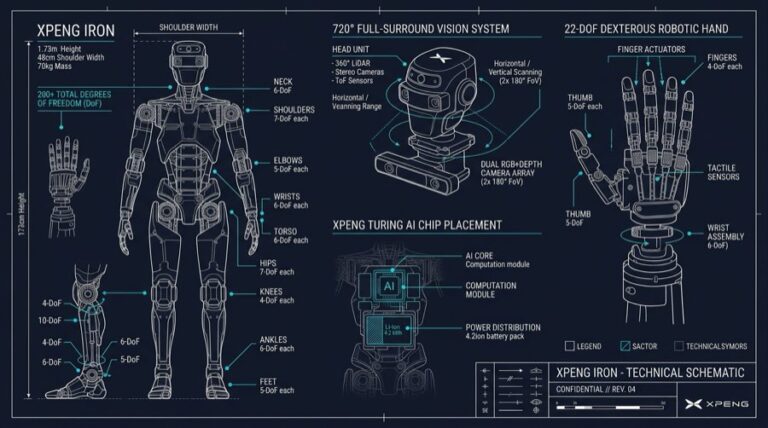 Illustration schema technique du robot Xpeng Iron avec 200 degres de liberte