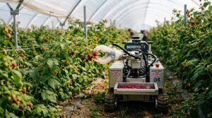 Robot autonome Fieldwork Robotics cueillant des framboises dans une ferme britannique