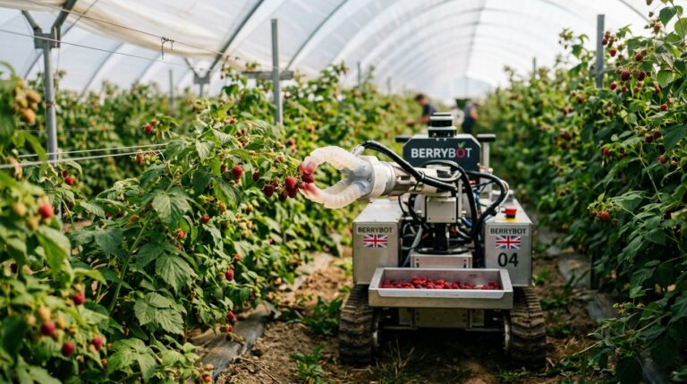 Robot autonome Fieldwork Robotics cueillant des framboises dans une ferme britannique