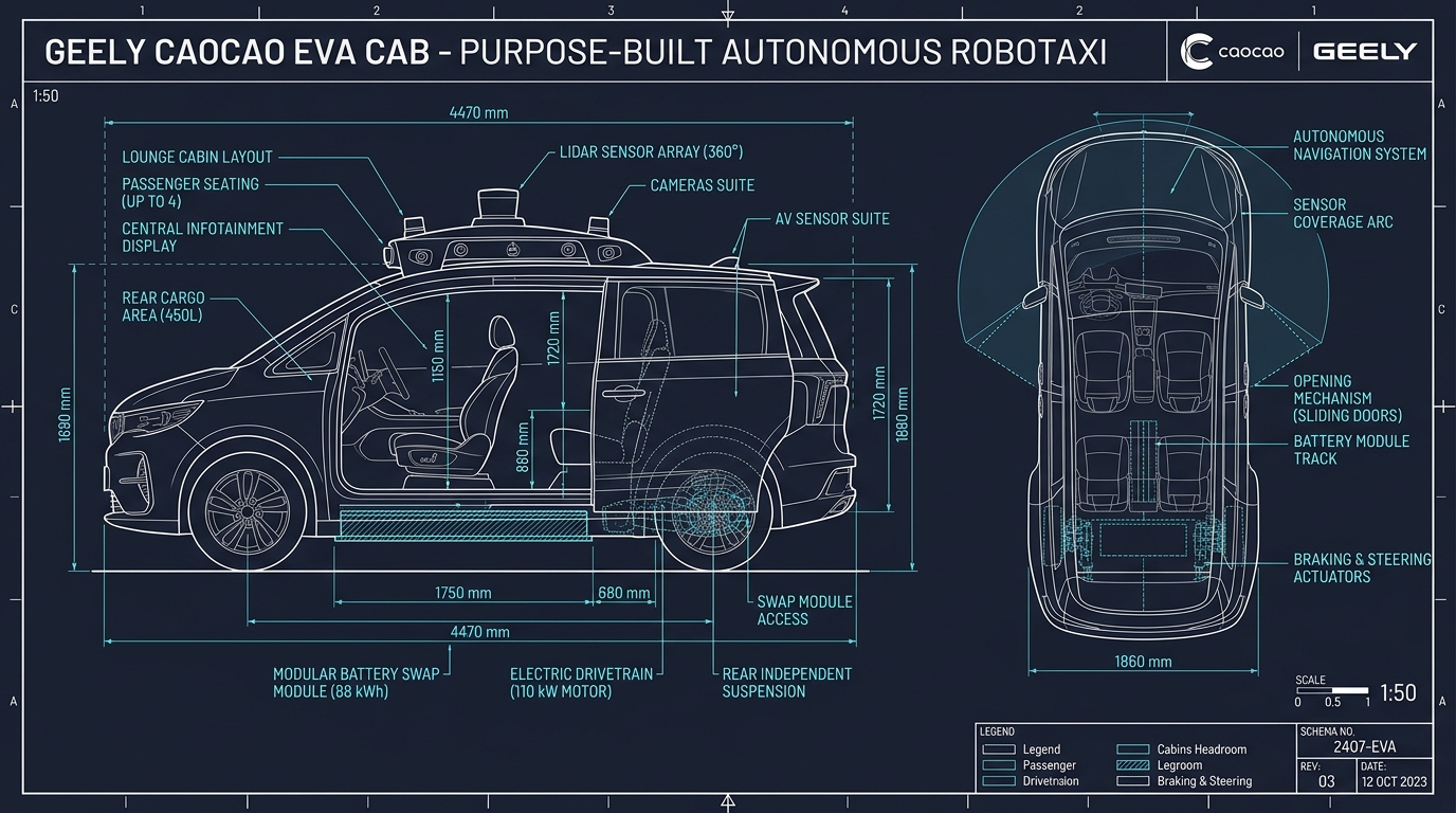 Schema technique du robotaxi EVA Cab de Geely Caocao sans volant