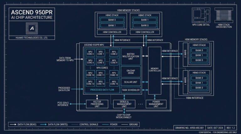 Schema technique de la puce IA Huawei Ascend 950PR pour DeepSeek V4