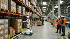Robot humanoide entrepot Vodafone Duisbourg Accenture SAP inspection palette