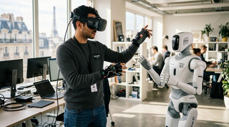 Un operateur d Innov8 forme un humanoide Unitree G1 via casque de realite virtuelle et capteurs de mouvement