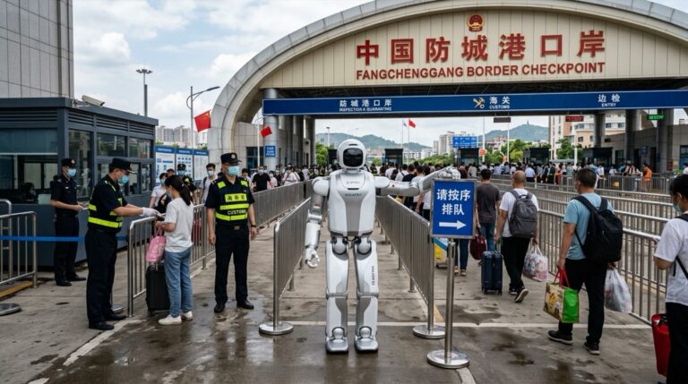 Walker S2 d UBTECH en position au poste-frontiere de Fangchenggang entre la Chine et le Vietnam
