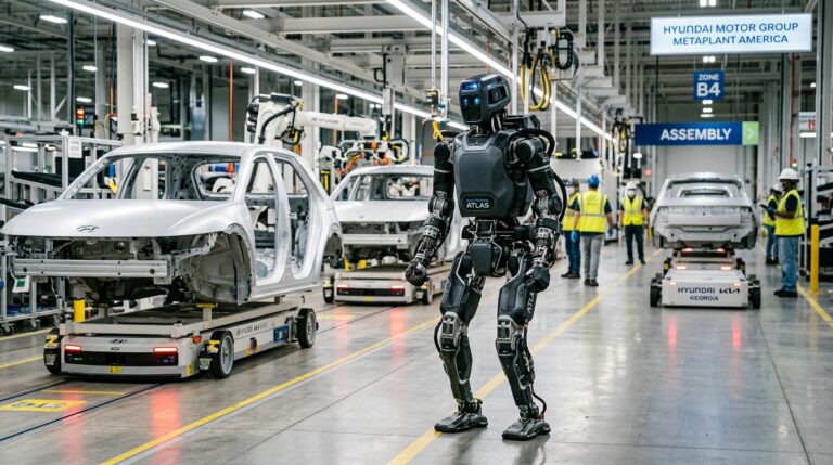 Humanoide Atlas Boston Dynamics sur ligne d assemblage Kia Georgia