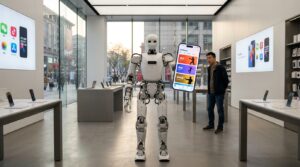 Robot humanoide Unitree G1 dans un magasin avec un smartphone affichant l app store UniStore
