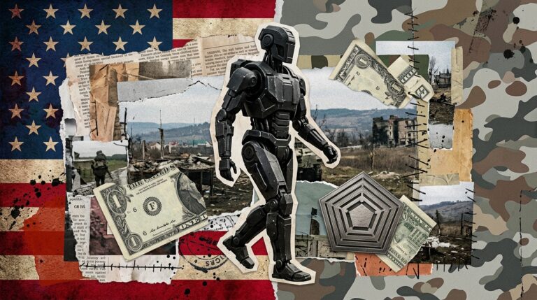 Humanoide militaire Phantom MK-1 de Foundation Future Industries en zone de conflit ukrainien, collage editorial