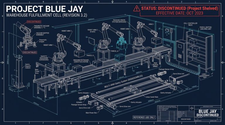 Schema blueprint bras robotique entrepot Amazon Blue Jay discontinue