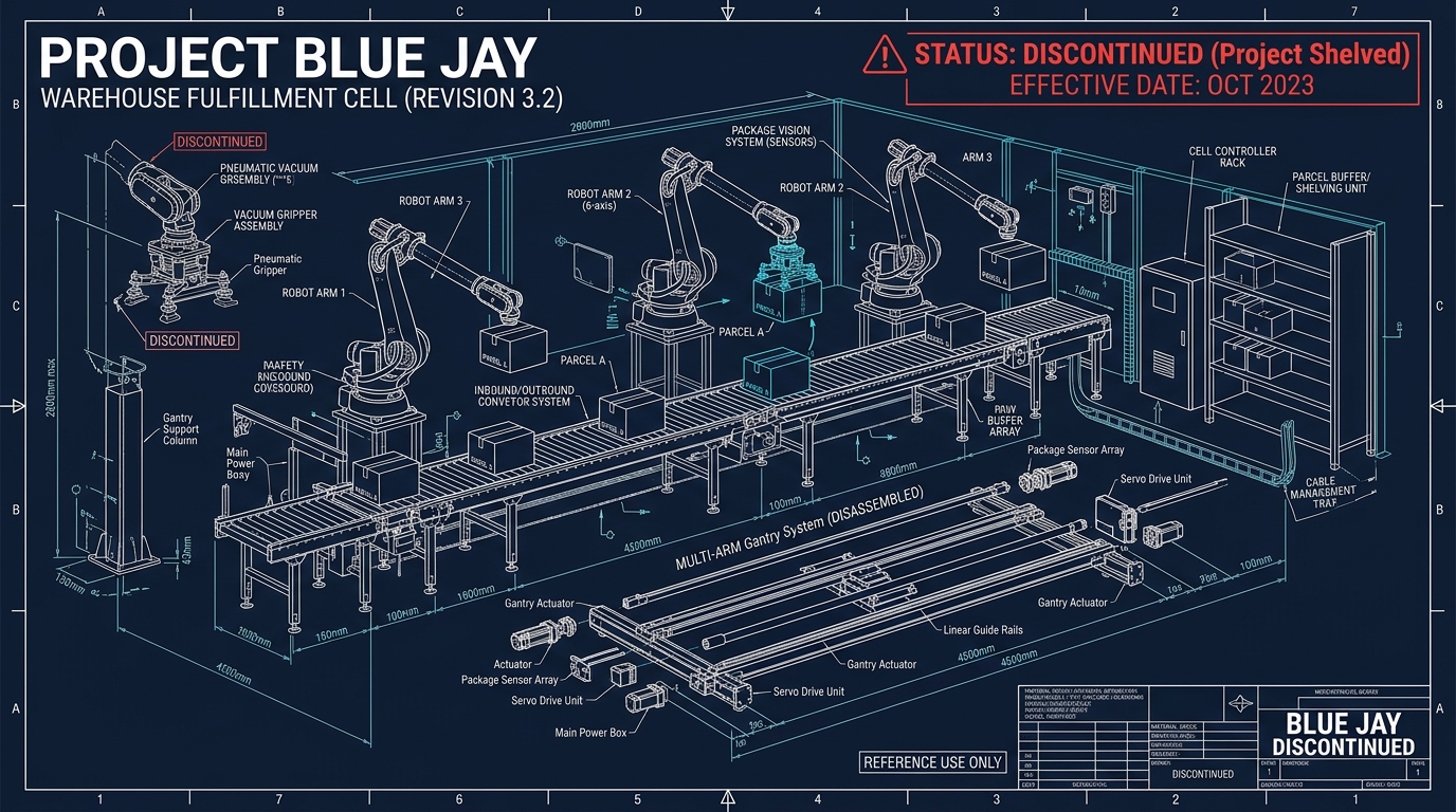 Schéma technique bras robotique entrepôt logistique Amazon Blue Jay arrêt projet