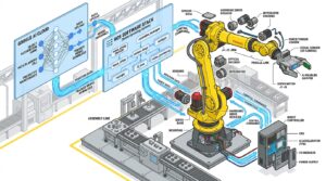 Bras robotique industriel FANUC jaune équipé d IA Google sur une ligne de production