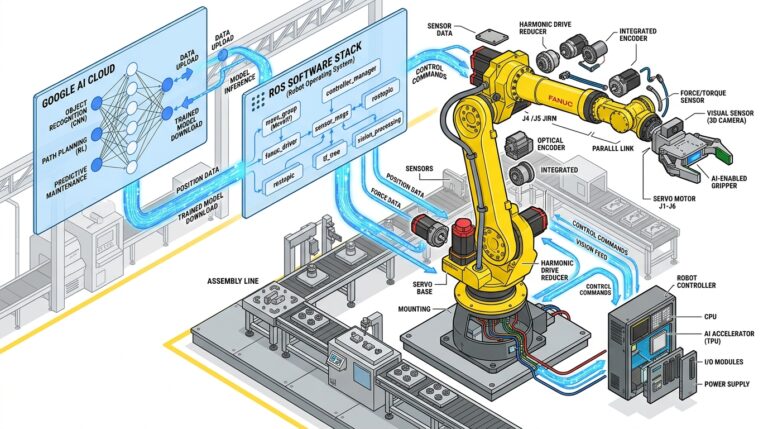 Bras robotique industriel FANUC jaune équipé d IA Google sur une ligne de production
