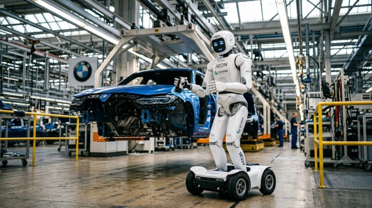 Humanoide Aeon de Hexagon Robotics sur roues dans usine BMW de Leipzig, ligne de production automobile