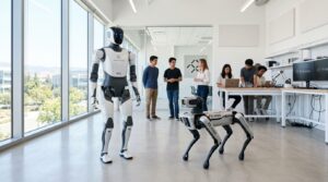 Robots EAI Faraday Future humanoide Futurist Master et quadrupede FX Aegis dans un laboratoire