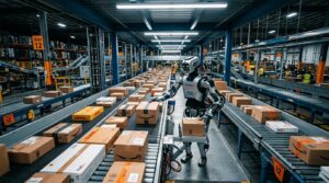 Robot humanoïde Jim de Figure AI triant des colis sur tapis roulant en entrepôt logistique