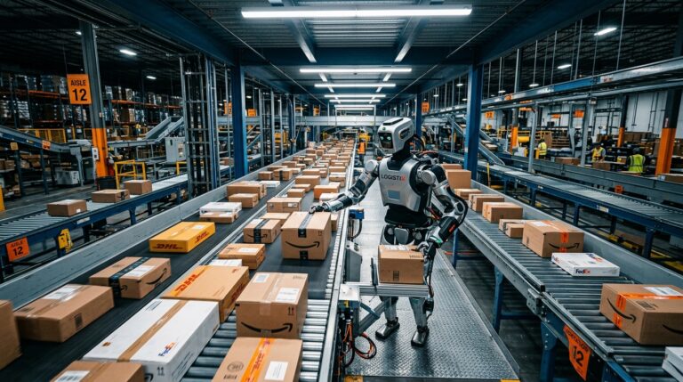 Robot humanoïde Jim de Figure AI triant des colis sur tapis roulant en entrepôt logistique