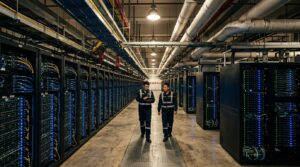 Centre de donnees IA chinois moderne avec rangees de serveurs et ingenieurs