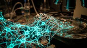 Illustration RoboActu : maille electronique 3D flexible tissee dans un reseau de neurones vivants