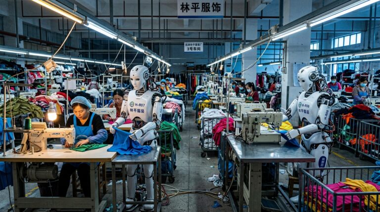 Humanoides Aitu Jack Technology Zhejiang Humanoid sur ligne de couture textile a Linping