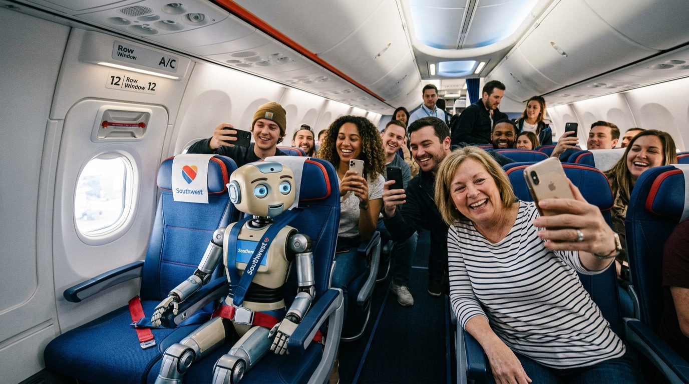 Robot humanoide Stewie de The Robot Studio assis dans un siege passager Southwest Airlines