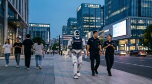 Humanoide AgiBot Lingxi X2 en patrouille municipale dans le quartier de Zhangjiang a Shanghai