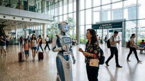 Humanoide concierge IntBot assistant un visiteur dans un hall public a Singapour