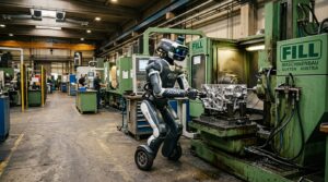 Robot humanoide AEON de Hexagon Robotics operant dans une usine industrielle aux cotes de machines CNC