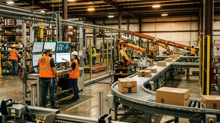 Robots et ingenieurs dans le laboratoire Stord Labs a Atlanta