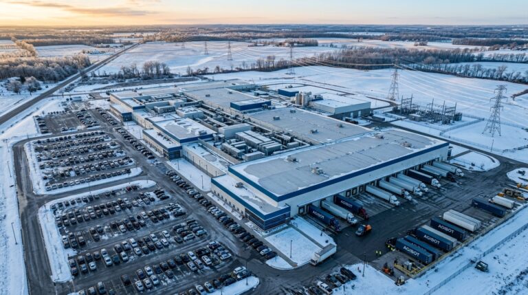 Data center Hyperscale Data Michigan livraison conteneurs humanoides AGIBOT vue aerienne