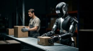Humanoide Figure 03 face a un stagiaire dans un duel logistique Figure AI livestream