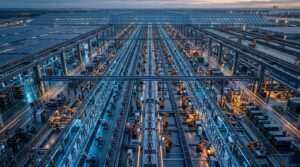 Vue aerienne dune gigafactory dhumanoides en 2035 selon les previsions Interact Analysis