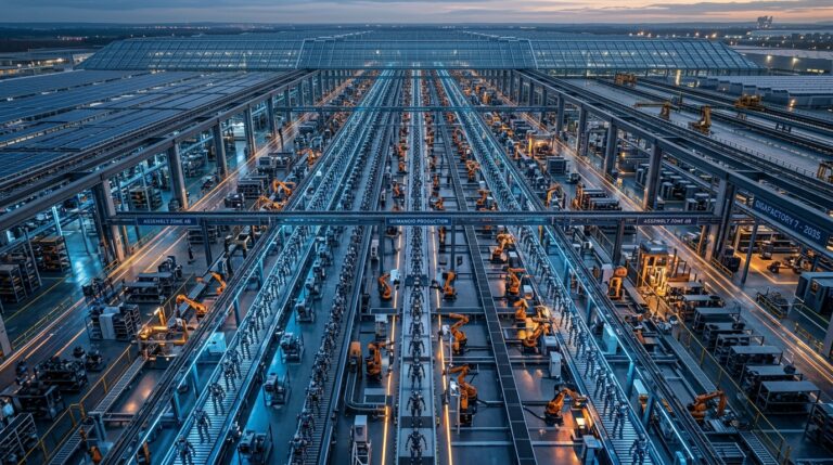 Vue aerienne dune gigafactory dhumanoides en 2035 selon les previsions Interact Analysis