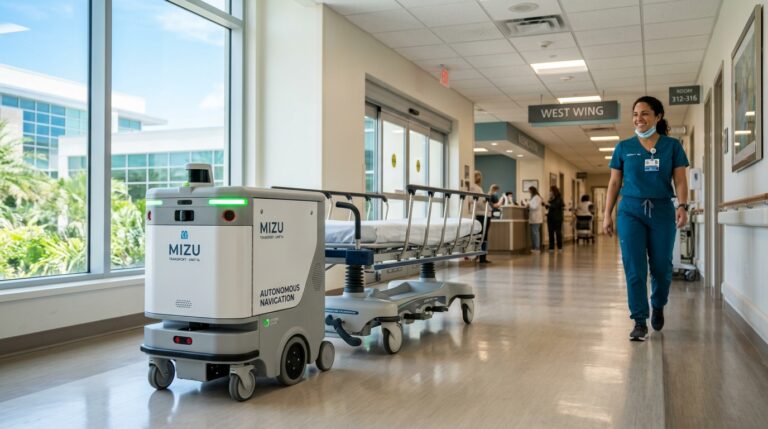 Robot ROVeX poussant un brancard dans un hopital americain