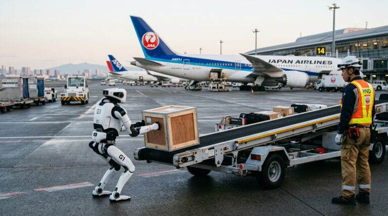 Robot humanoide Unitree G1 charge des bagages sur le tarmac de Haneda pour Japan Airlines