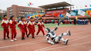 Humanoide en perte de controle pendant une journee sportive scolaire au Xinjiang
