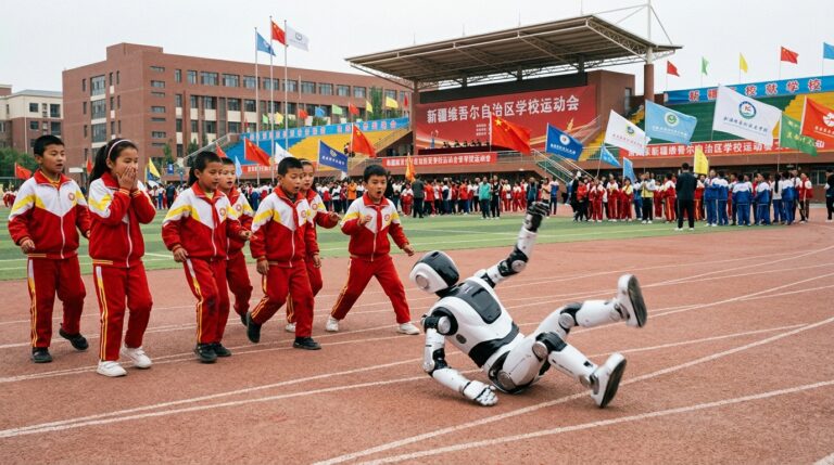Humanoide en perte de controle pendant une journee sportive scolaire au Xinjiang