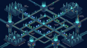 Illustration isometrique de l economie des agents IA avec paiements en stablecoin entre agents