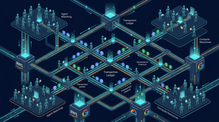 Illustration isometrique de l economie des agents IA avec paiements en stablecoin entre agents
