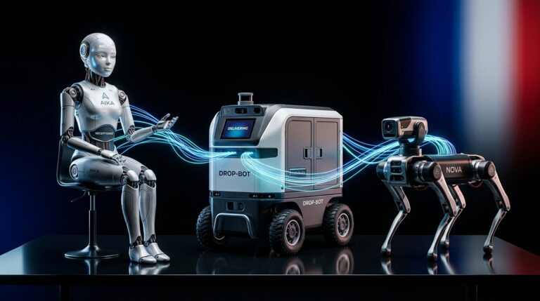 Plusieurs robots de service de marques différentes connectés par un logiciel d'orchestration Korben for People