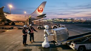 Robot humanoide chargeant des bagages a l aeroport Haneda pour Japan Airlines