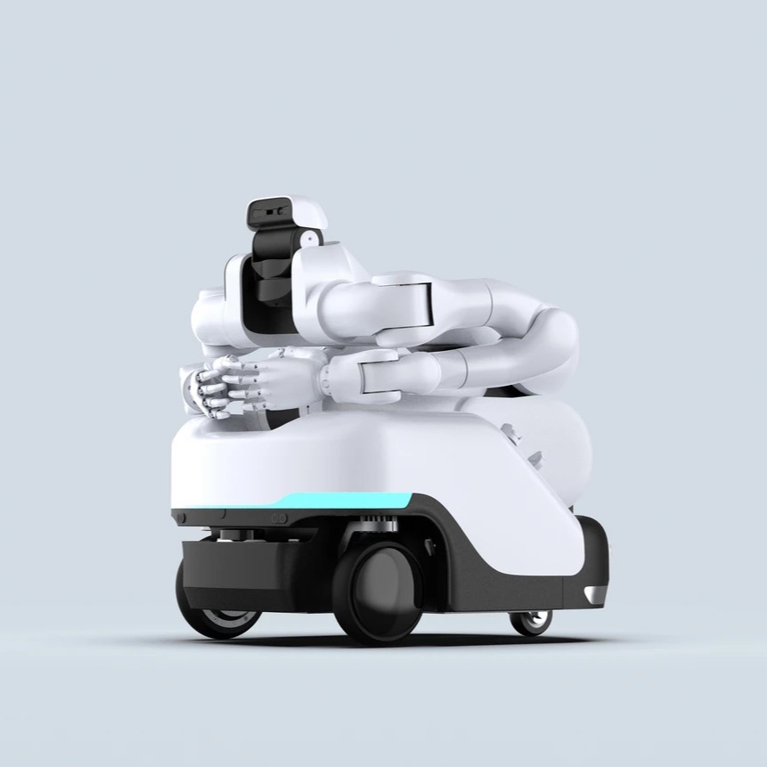 Dexmate Vega, humanoide mobile a roues, vue de face avec torse plie
