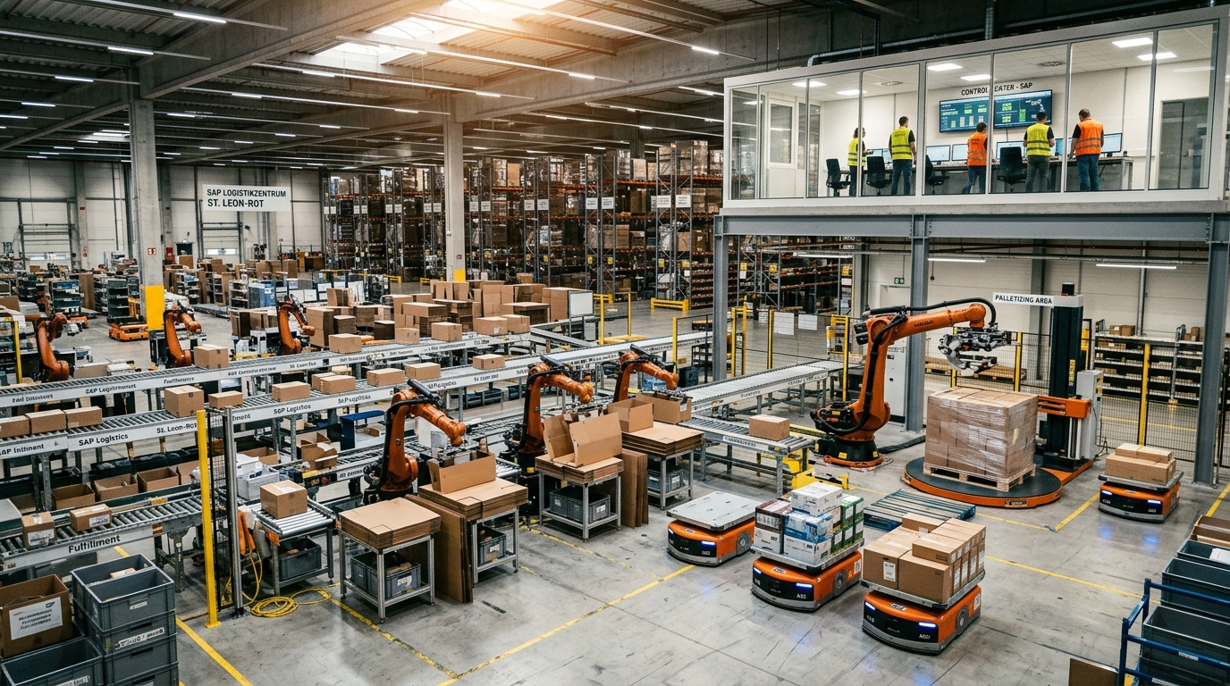 Robots autonomes pliant des cartons dans l'entrepôt SAP de St. Leon-Rot