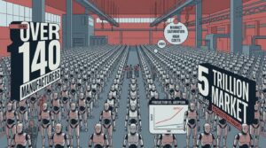 Robots humanoides chinois alignes dans une usine illustrant la surcapacite de production face a une demande faible