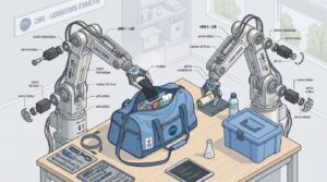 Deux bras robotises manipulant un sac et des objets sur une table
