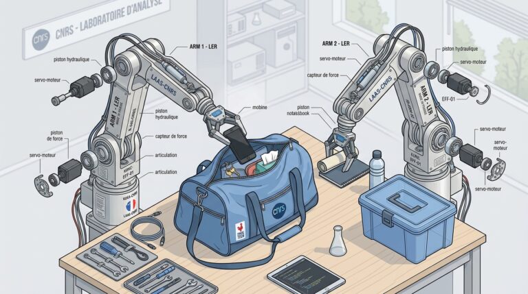 Deux bras robotises manipulant un sac et des objets sur une table