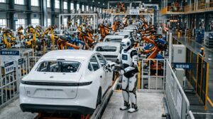 Robot humanoide Xiaosai inspectant un vehicule sur une ligne de production