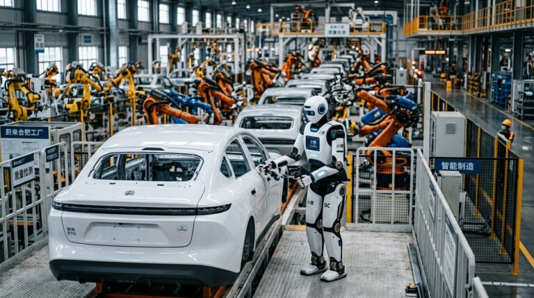 Robot humanoide Xiaosai inspectant un vehicule sur une ligne de production