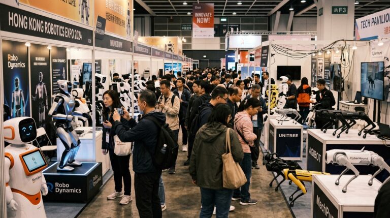 Robots humanoides et robots chiens exposes au salon InnoEX de Hong Kong