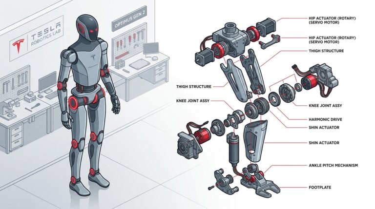 Vue technique du robot Tesla Optimus Gen 2 et de ses actionneurs